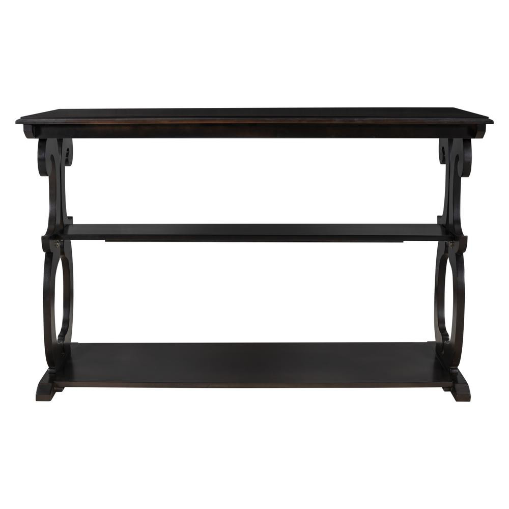 LUCKY ONE 48 in. Rectangle Black Wood Console Table with 3-Tier Storage Shelf and Carved Legs, Black | The Home Depot