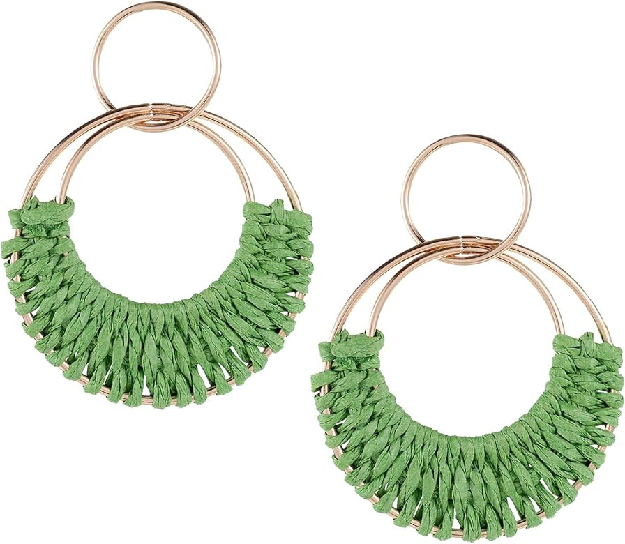 Rattan Weave Earrings Boho Summer Raffia Hoop Dangle Earrings for Women Girls Bohemian Raffia Bra... | Amazon (US)