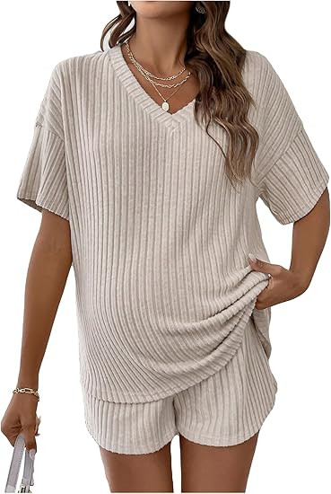 SweatyRocks Women's Maternity 2 Piece Outfits V Neck Short Sleeve Top and Elastic Waist Shorts Se... | Amazon (US)