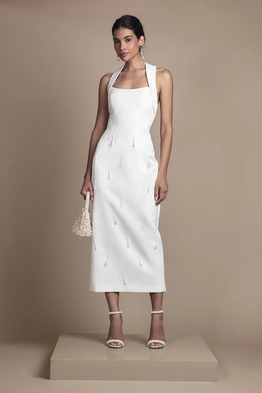 Halter Satin Midi Wedding Dress With Pearl | Karen Millen