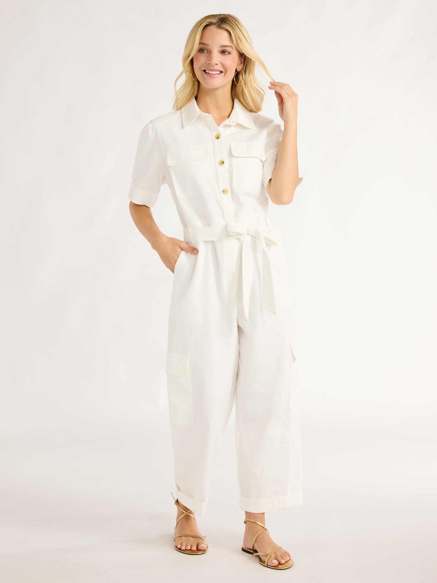 Free Assembly Women’s Cotton Cargo Jumpsuit with Puff Sleeves, 26” Inseam, Sizes XS-XXL | Walmart (US)