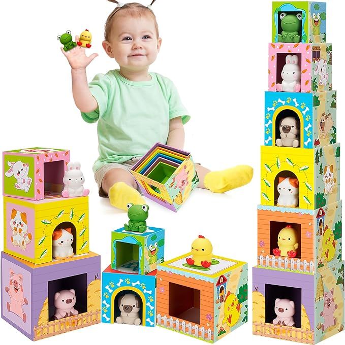 Aigybobo Learning Toys for Toddlers 1, 2, 3, Farm Animals Nesting&Stacking Toy Blocks, Montessori... | Amazon (US)