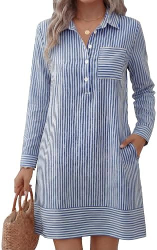 ANRABESS Women's Long Sleeve Striped Fall Shirt Dress | Button Up Polo Collar Tunic Short Dresses... | Amazon (US)
