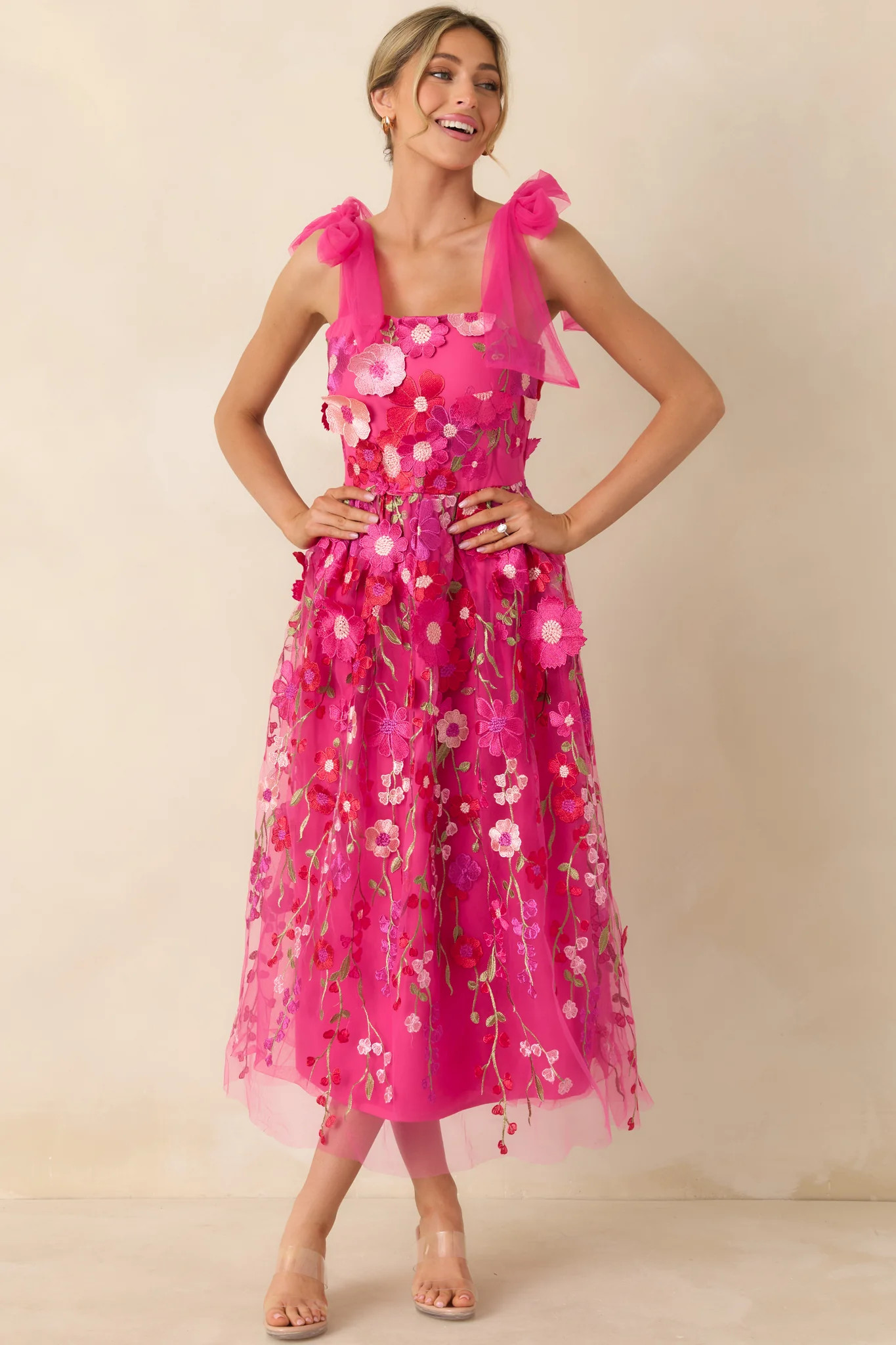 Spirit of Spring Fuchsia Pink Floral Embroidered Maxi Dress | Red Dress