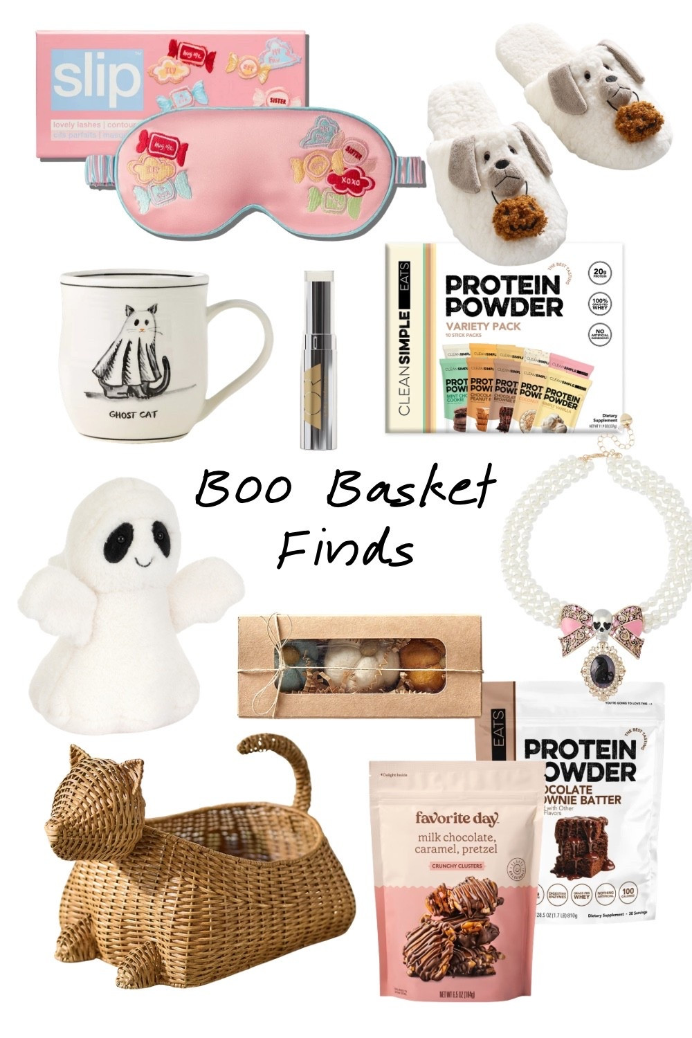 Boo basket ideas built around a wicker cat shaped basket, which doubles as fall decor once Halloween is over. Ghost cat mug is the best single item in here. Slip silk sleep mask in the pink candy print, fluffy puppy slippers, and a white plush ghost for the cozy side. Skull bow pearl necklace if she leans a little goth. Clean Simple Eats protein powder variety pack and chocolate brownie batter, plus Favorite Day milk chocolate caramel pretzel clusters for snacks. Boo basket ideas for teens, girlfriends, roommates, or a Halloween gift basket for her.

#LTKSeasonal #LTKU