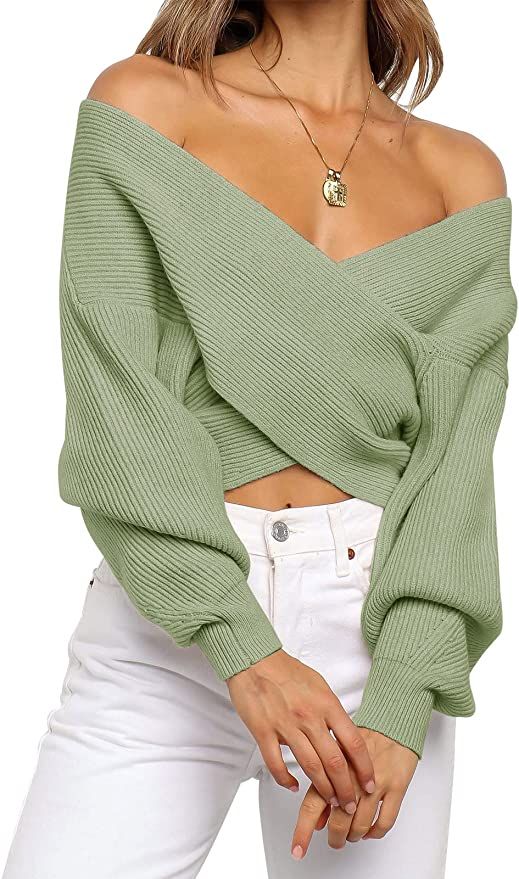 ZCSIA Women's Long Sleeve Wrap V Neck Cross Front Solid Color Casual Off Shoulder Crop Knitted Pu... | Amazon (US)