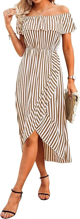 KIRUNDO 2023 Women's Summer Off Shoulder Midi Dress Striped High Waist Split Ruffle Flowy Beach L... | Amazon (US)