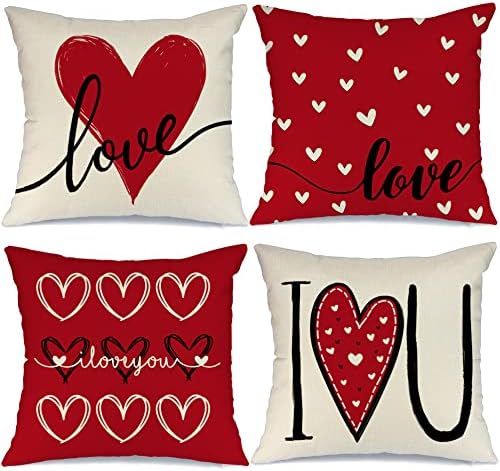 AENEY Valentines Day Pillow Covers 18x18 Set of 4 Love Heart Valentines Day Throw Pillows Decorat... | Amazon (US)