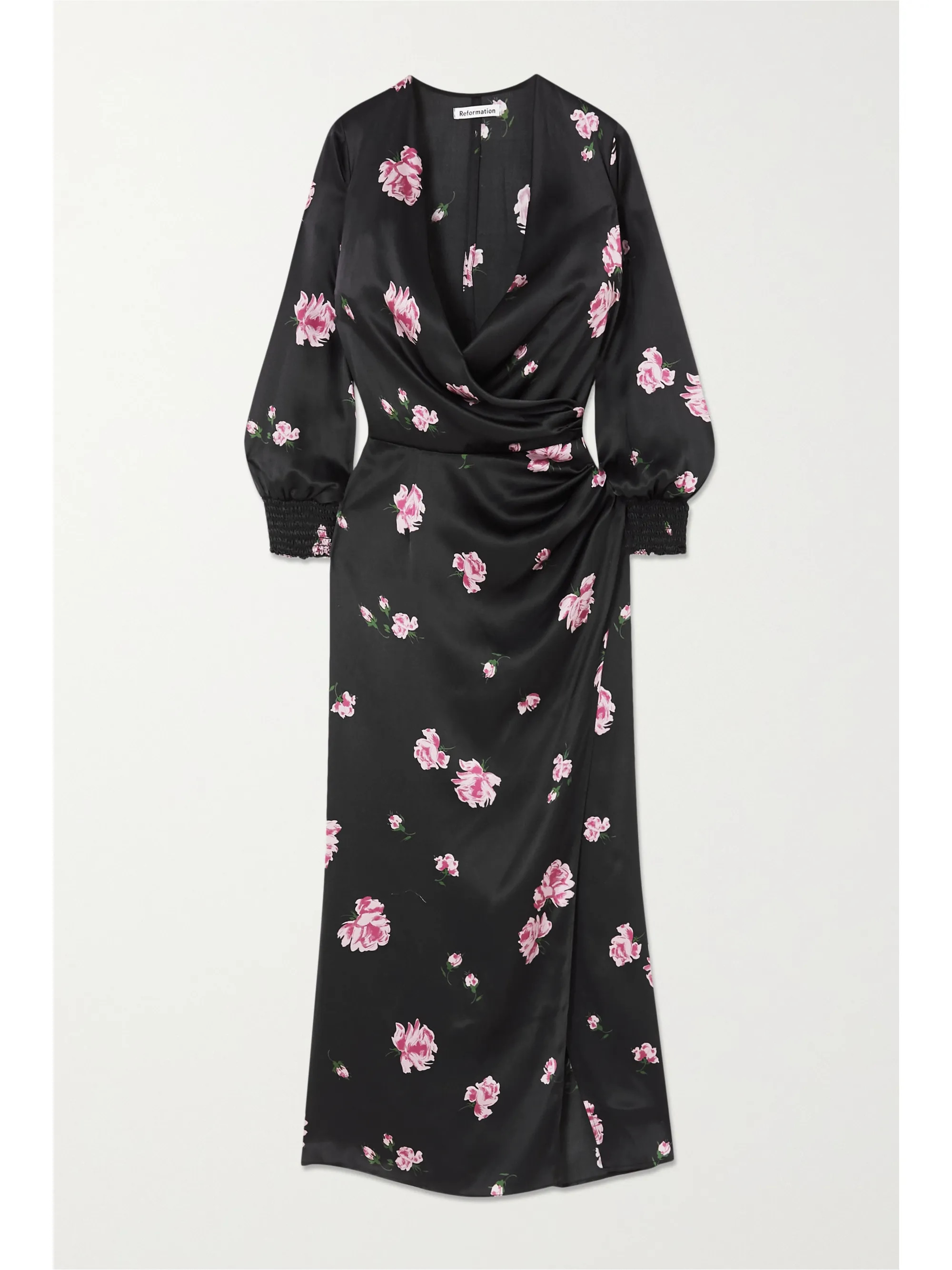 Black + NET SUSTAIN Chantelle wrap-effect floral-print silk-satin midi dress | Reformation | NET-... | NET-A-PORTER (UK & EU)