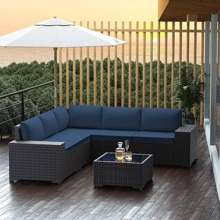 6-Piece Wicker Outdoor Sectional Set with Navy Blue Cushions | The Home Depot