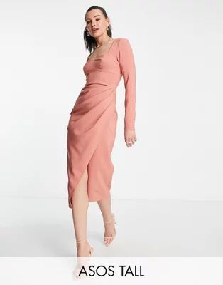 ASOS DESIGN Tall sweetheart neck midi dress with ruched wrap skirt in terracotta | ASOS | ASOS (Global)