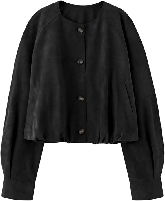 Xunger Women's Faux Suede Button Jacket Oversized Gathered Hem Short Length Coat Casual Vintage O... | Amazon (US)