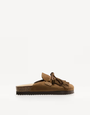 Bershka flat leather clogs with fringe detailing in brown | ASOS (Global)