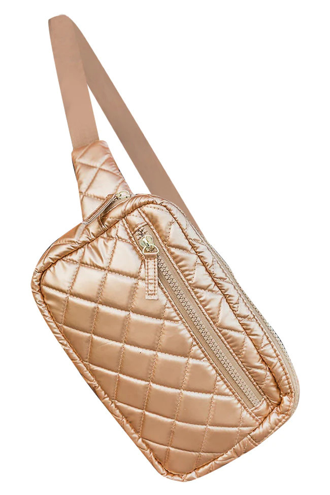 Taking Off Gold Metallic Quilted Sling Bag | Pink Lily