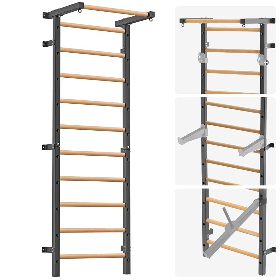 Wood Stall Bar, 2"x2" Swedish Ladder with 1" Hole, 11 Strategic Rods, Wall Mounted Suspension Tra... | Amazon (US)