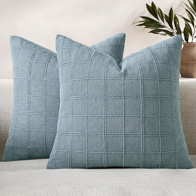 Woaboy Linen Check Throw Pillow Covers Blue Gray Farmhouse Modern Boho Vintage Coastal 20x20 Inch... | Amazon (US)