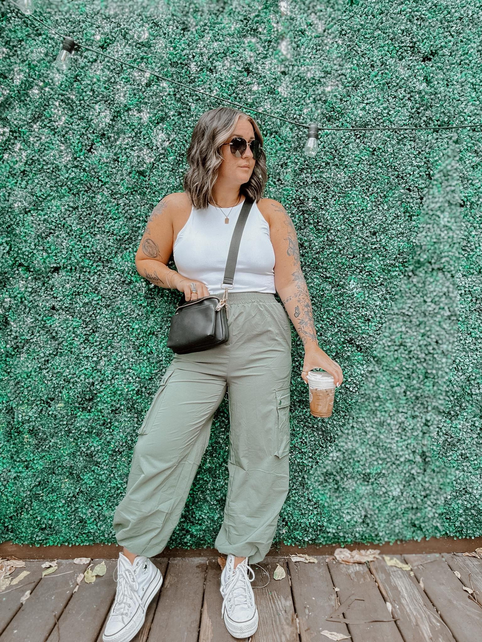 Cargo pants outfit. Early fall outfit idea. White bodysuit tank - medium. Green comfy elastic waist cargo pants - medium / sneakers - tts

#LTKSeasonal #LTKfindsunder50 #LTKCon