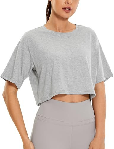 CRZ YOGA Women's Pima Cotton Workout Crop Tops Short Sleeve Yoga Shirts Casual Athletic Running T-Shirts Heathered Medium Grey X-Large | Amazon (US)