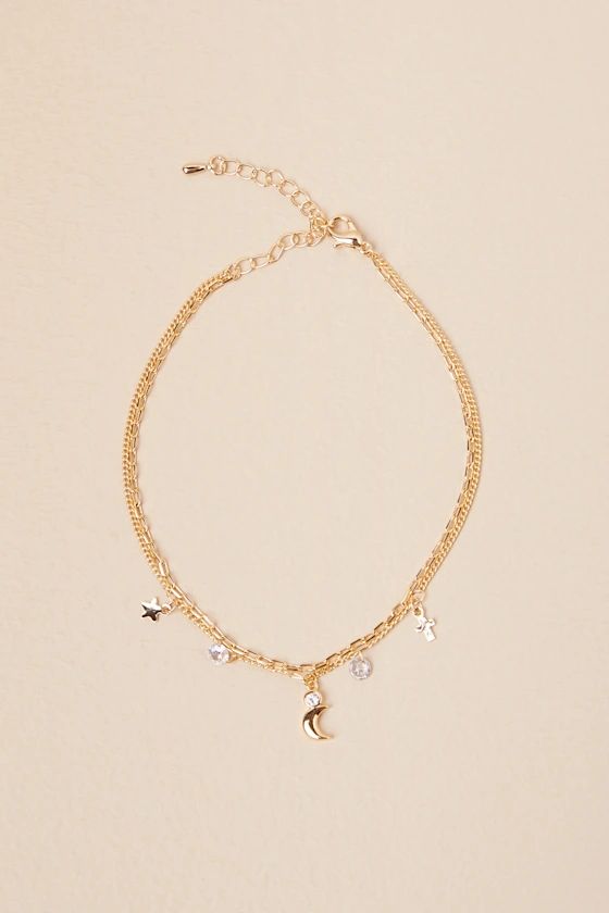 Starry Magic Gold Layered Moon and Rhinestone Anklet | Lulus