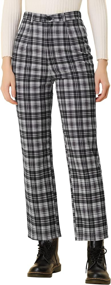 Allegra K Women's Plaid Pants High Waisted Vintage Tartan Checkered Cropped Casual Work Pants | Amazon (US)