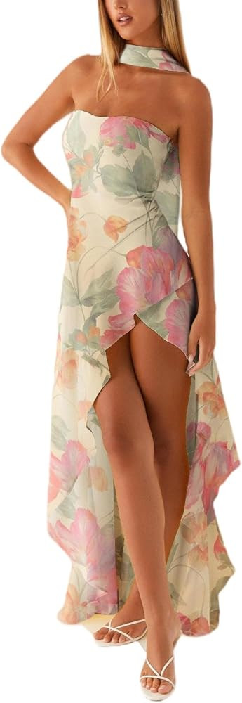 Women Formal Strapless Maxi Scarf Dress Y2k Summer Satin Prom Long Tube Dress Floral Ruffle Cockt... | Amazon (US)