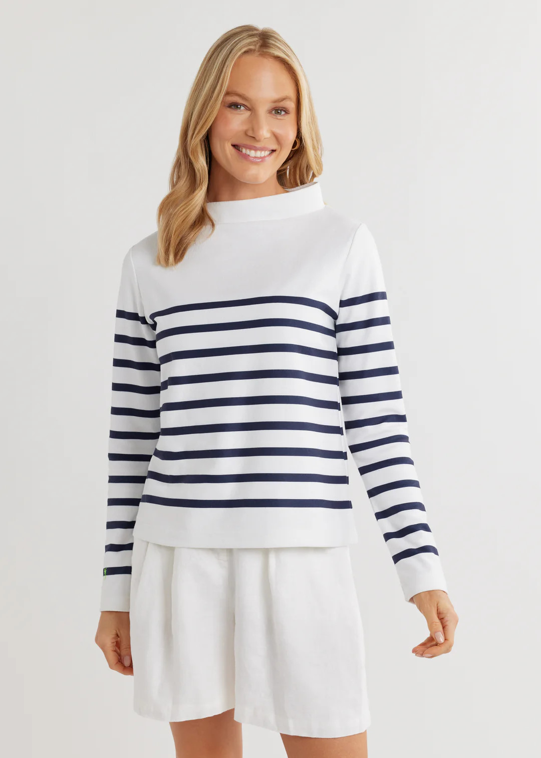 Brighton Boatneck in Terry Fleece (White/Navy Placed Stripe) | Dudley Stephens