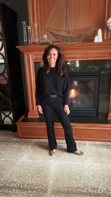 Monochromatic in black. Dressing in a monochromatic outfit helps you look taller because the colors won’t cut you in half! 😉   
My Fall outfit: Black cashmere sweater, a black reversible belt which I love and wear daily, black denim with a bit of flare, and vintage leopard flats. 
kimbentleyy

#LTKGiftGuide #LTKover40 #LTKVideo