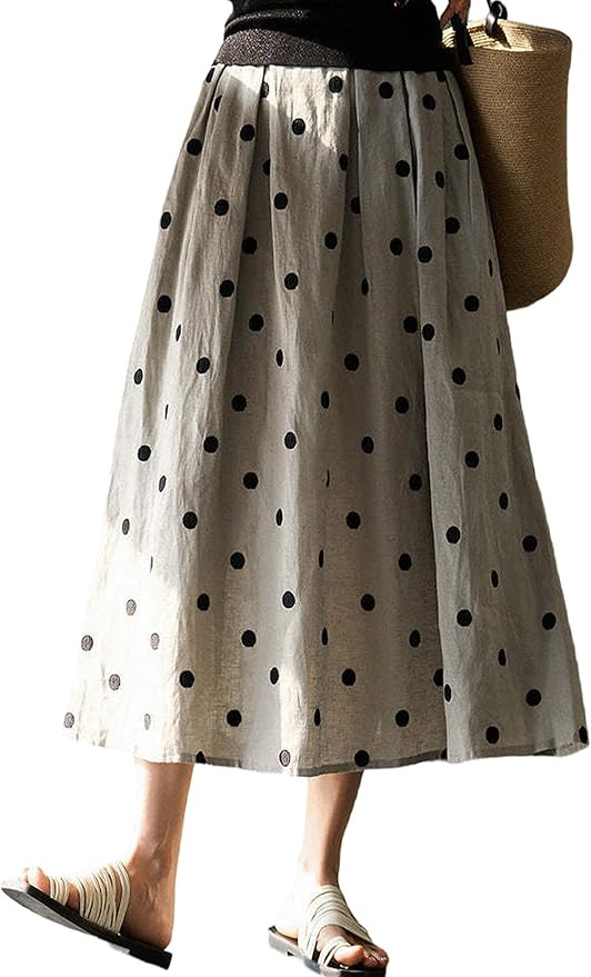 Linen Polka Dots Skirt Women Casual A-Line Midi Skirts 2025 Comfy Flowy Swing Long Skirts with Po... | Amazon (US)