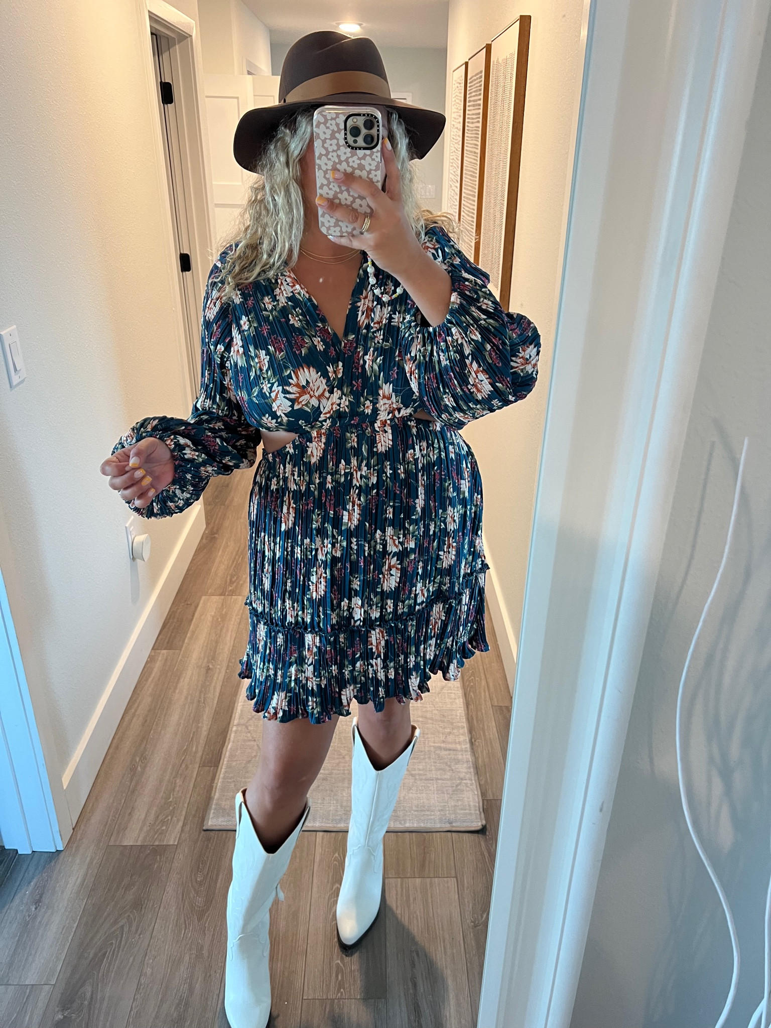 Fall outfit, fall floral dress, fall dress with cutouts, billini boots, white cowboy boots, wide brim hat 

#LTKmidsize #LTKshoecrush #LTKstyletip