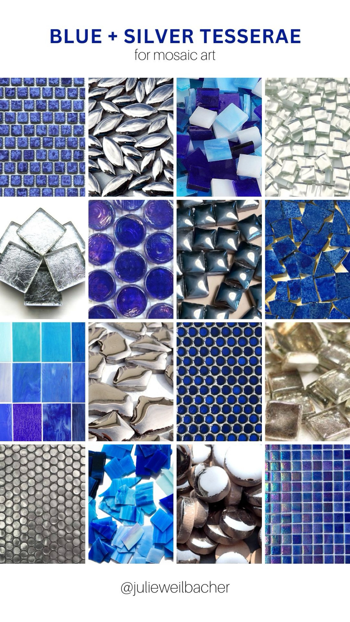 Sharing blue and silver tesserae for use in your crafts and mosaic art. 🔹 This collection includes ceramic tile, stained glass, glass tile, broken plates, and penny tile. 🔹 For mosaic tips, tutorials, inspiration, and so much more please visit my YouTube channel: YouTube.com/julieweilbacher. Follow @julieweilbacher on Instagram for all things mosaic art. #Hanukkahcrafts #Hanukkahart #blueandsilver #silverandblue #handmadeceramics

#LTKFindsUnder50 #LTKHome #LTKHoliday