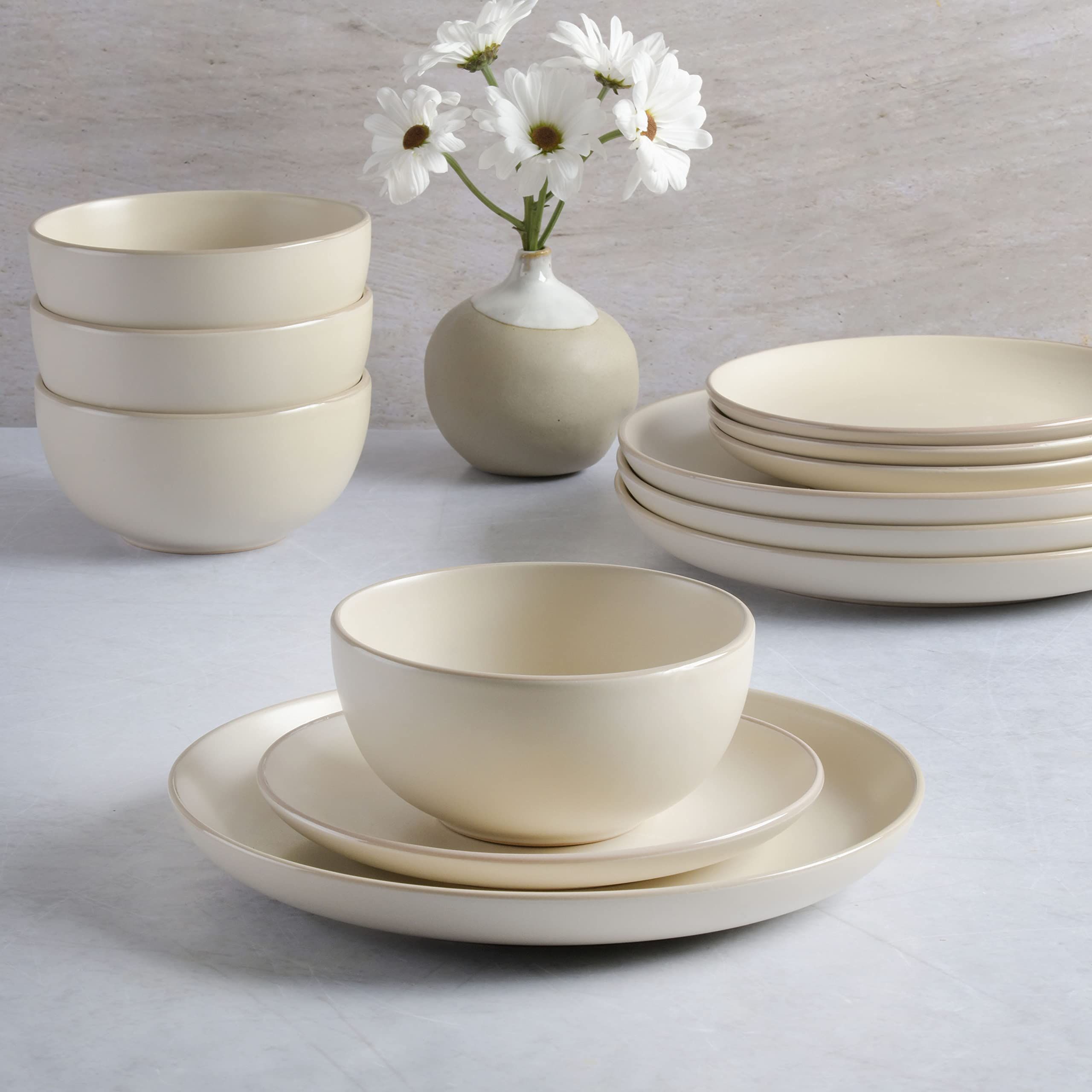 Gibson Home Rockaway Round Stoneware Dinnerware Set, Service for 4 (12pcs), Cream | Amazon (US)