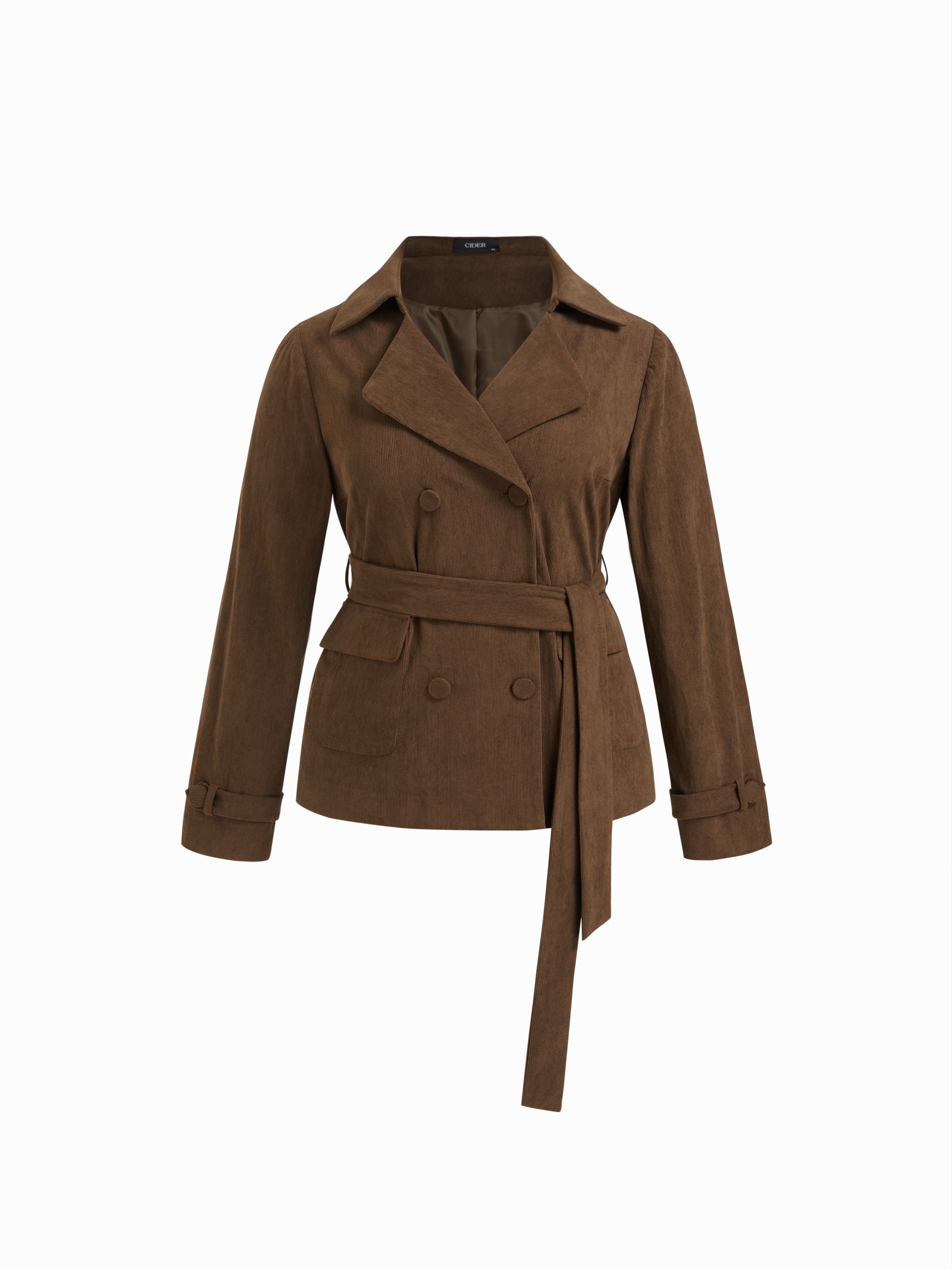 Corduroy Corduroy Double Breasted Jacket With Belt Curve & Plus For Daily Casual Work | Cider