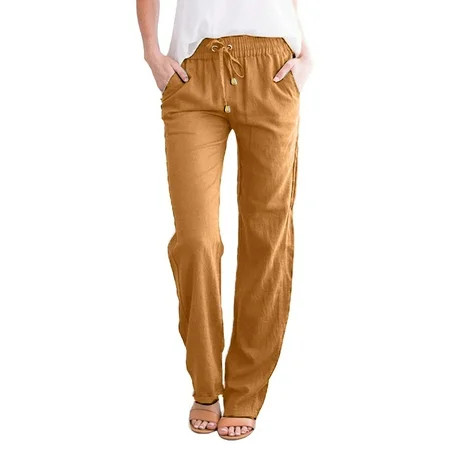 Pedort High Waisted Pants Women Elastic Waist Cropped Pants Solid Color Cotton and Linen Trousers Or | Walmart (US)