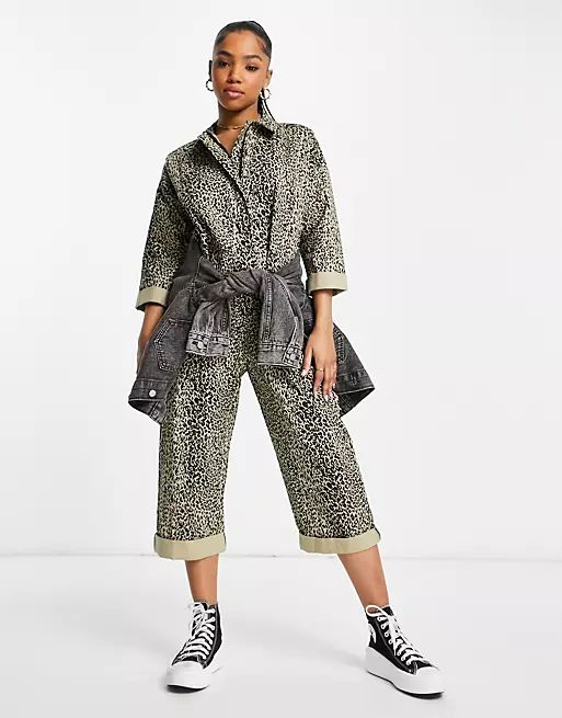 ASOS DESIGN oversized twill coveralls in khaki leopard | ASOS (Global)