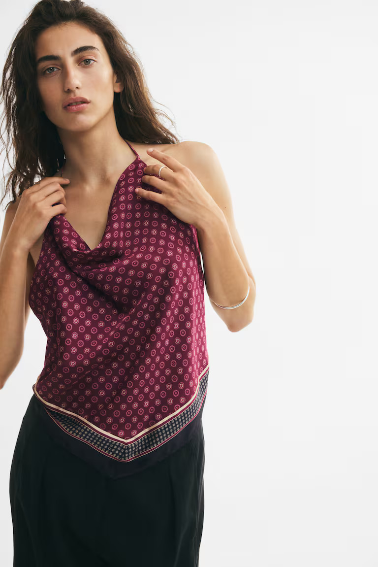 H & M - Tie-Back Halterneck Top - Dark Plum Red/Patterned | H&M (US, CA, MX)
