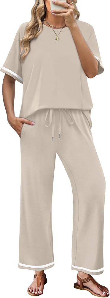 Sampeel 2 Piece Sets for Women Casual Summer Travel Vacation Outfits Short Sleeve Lounge Set | Amazon (US)