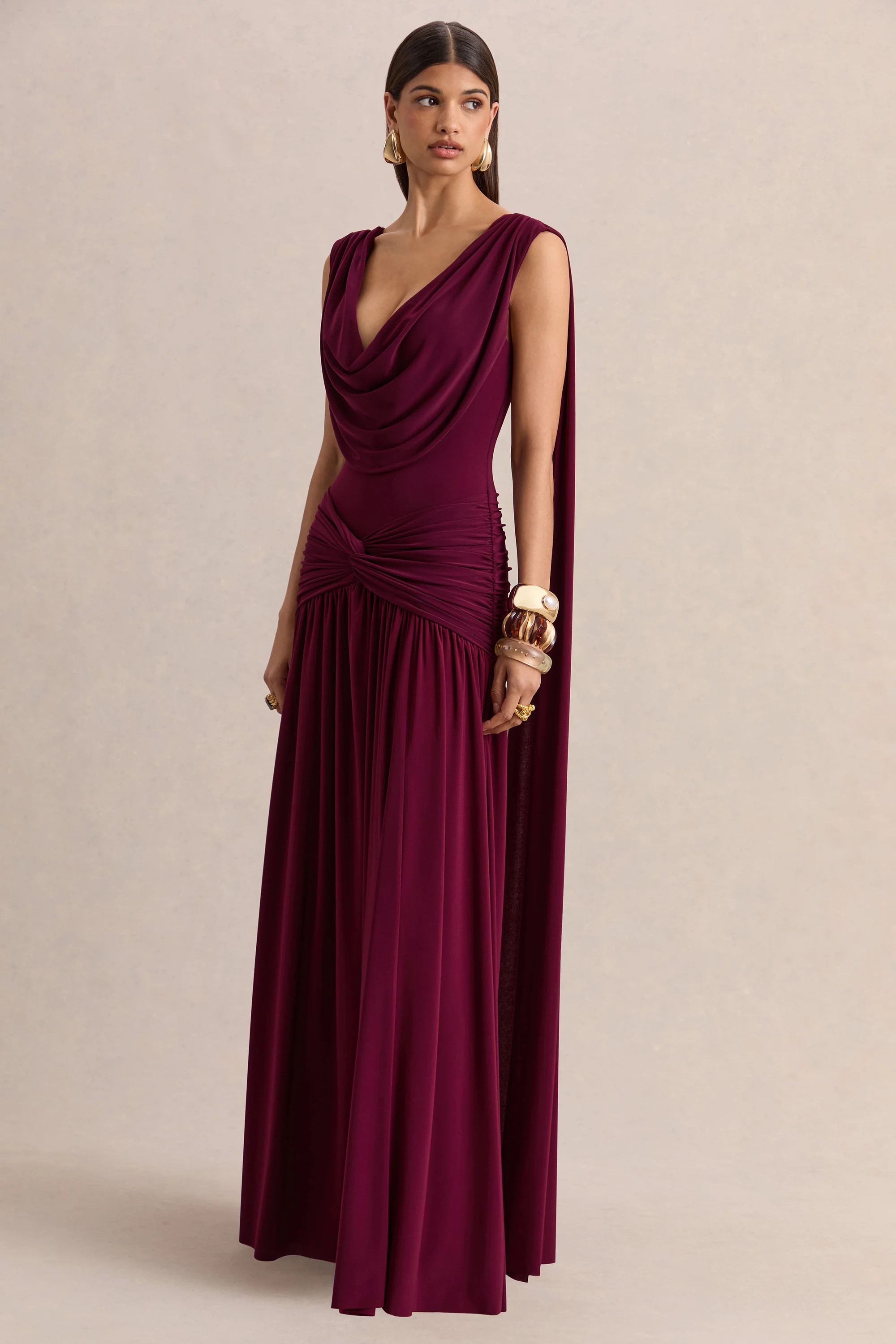Amelisse | Burgundy Plunge-Neck Maxi Dress With Ruched-Detailing | Club L London