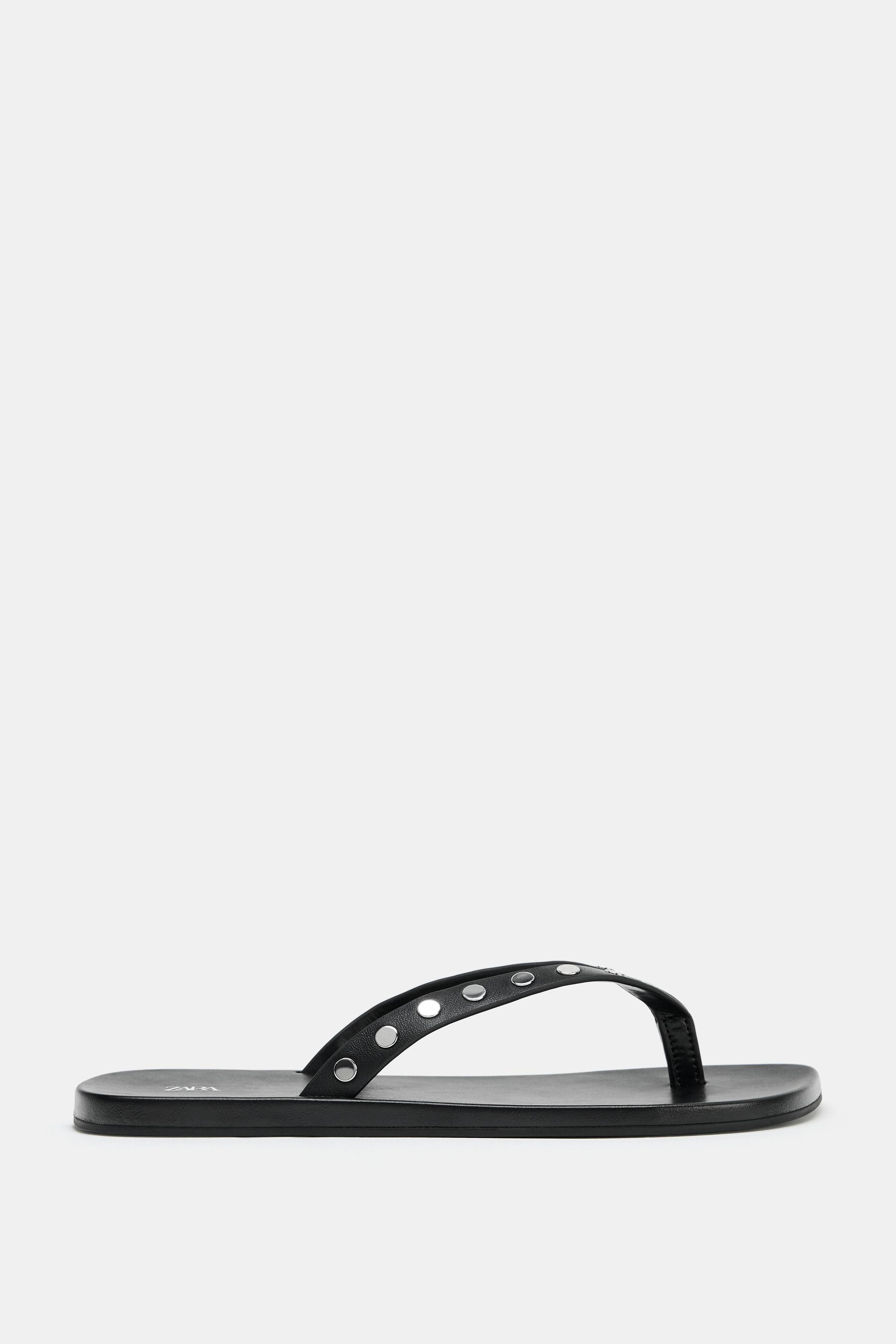 STUDDED LEATHER SLIDE SANDALS | Zara US