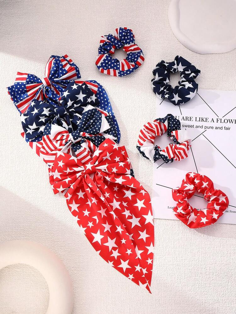 8pcs Red White Blue Star Design Hair Clips & Scrunchies, Independence Day Celebration Accessories... | SHEIN