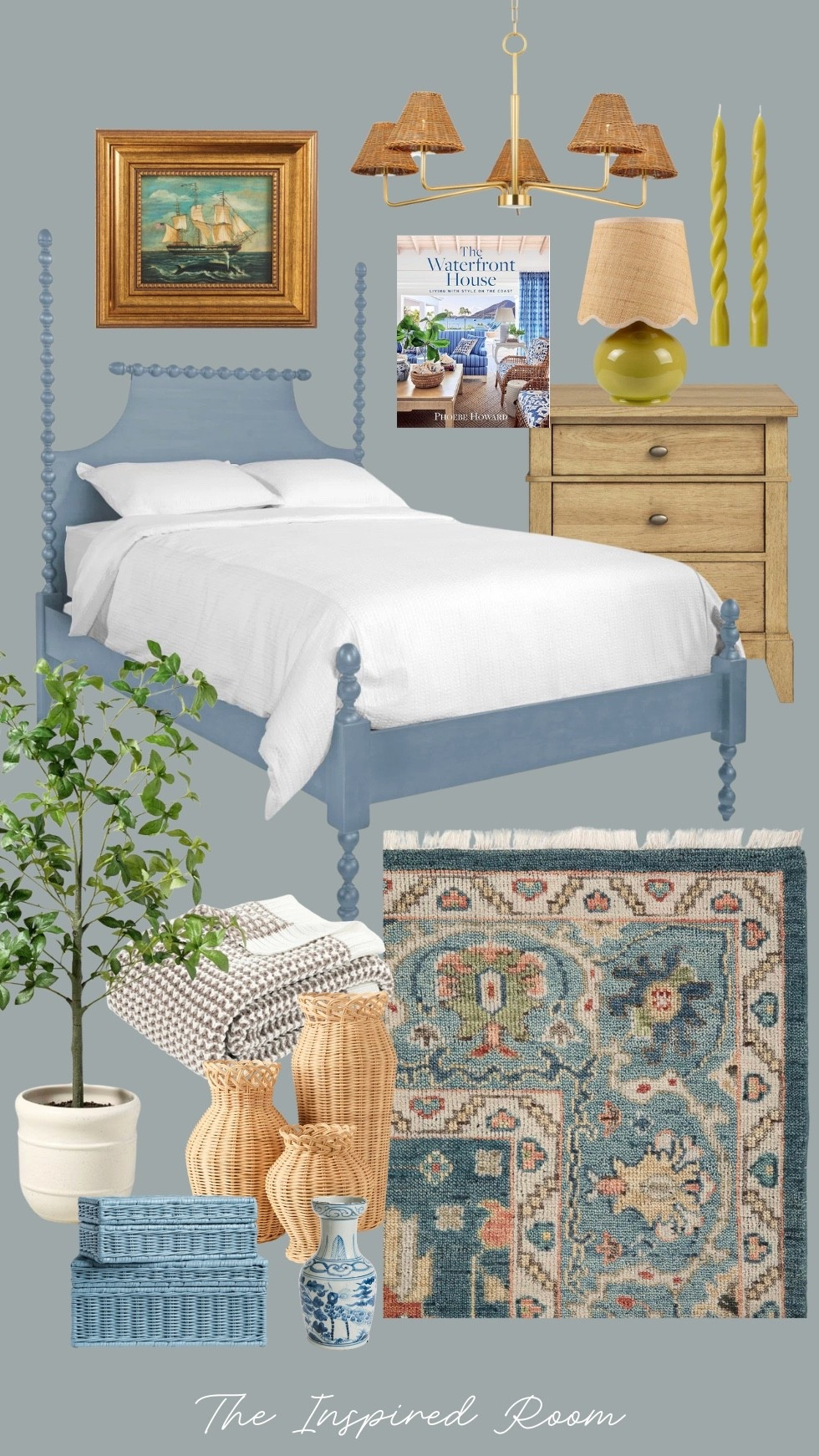 Coastal cottage by the sea style - Bedroom mood board - spindle bed, nightstand, rattan shade chandelier, chartreuse spiral taper candles, framed ship art, gorgeous rug, faux ficus tree, wicker vases, blue and white vase, blue wicker lidded boxes, knit blanket, waterfront house coffee table book 

#LTKFindsUnder100 #LTKSaleAlert #LTKHome