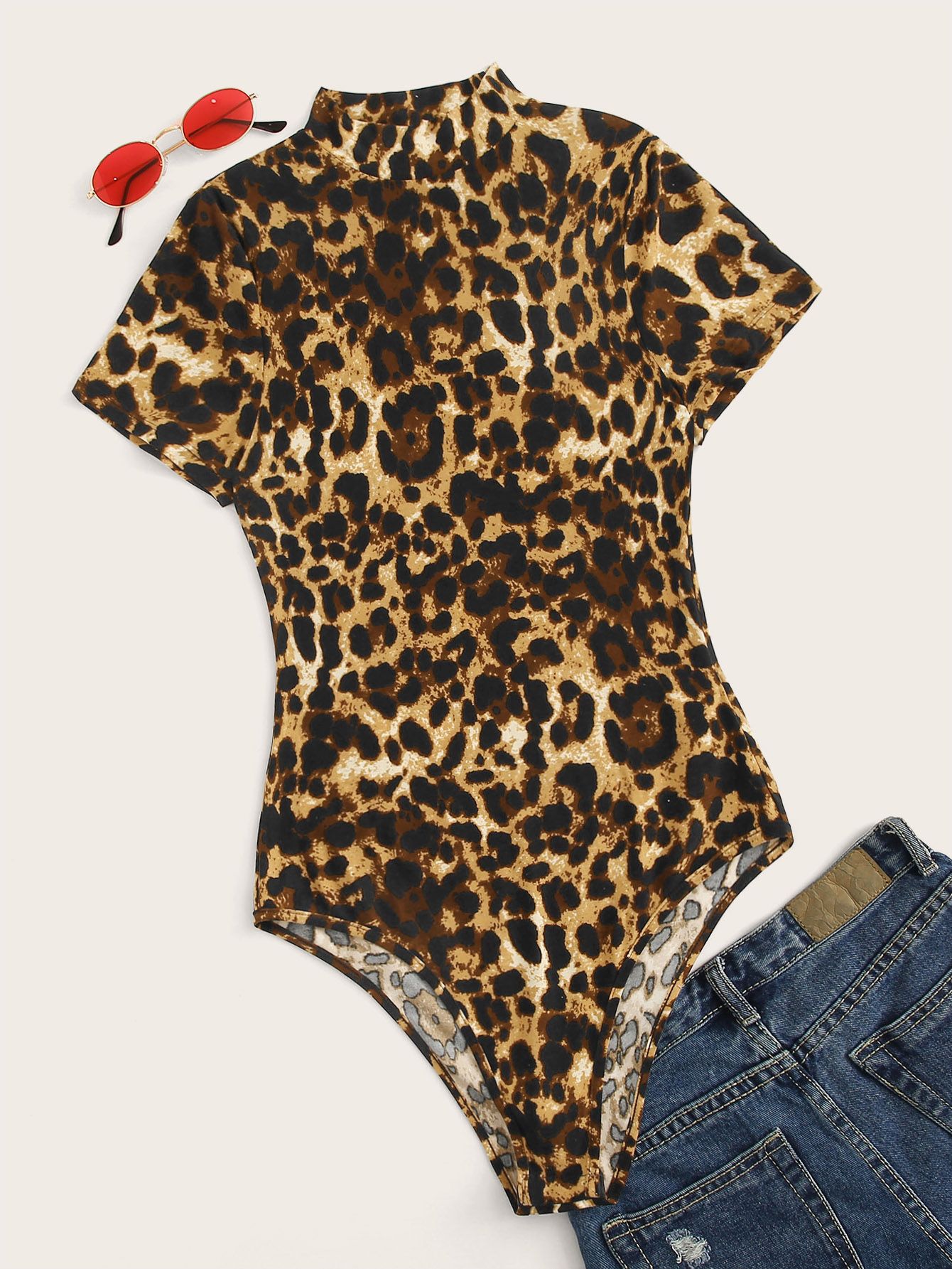 SHEIN Plus Mock-neck Leopard Print Bodysuit | SHEIN