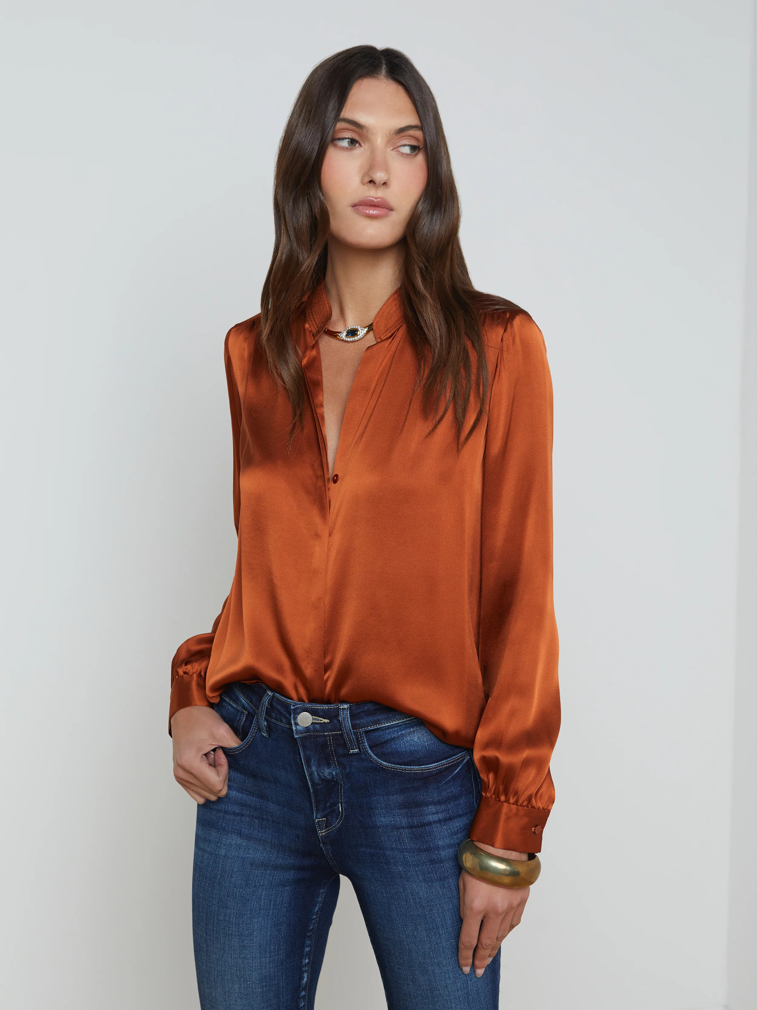 L'AGENCE - Bianca Long Sleeve Silk Blouse in Rich Ginger | L'Agence