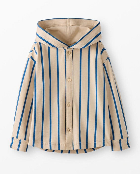 Boys' Light Oat & Shadow Blue French Terry Hooded Striped Button Up Shirt in Mediumweight 100% Combed Cotton - Size Little Kids 4 by Hanna Andersson | Hanna Andersson
