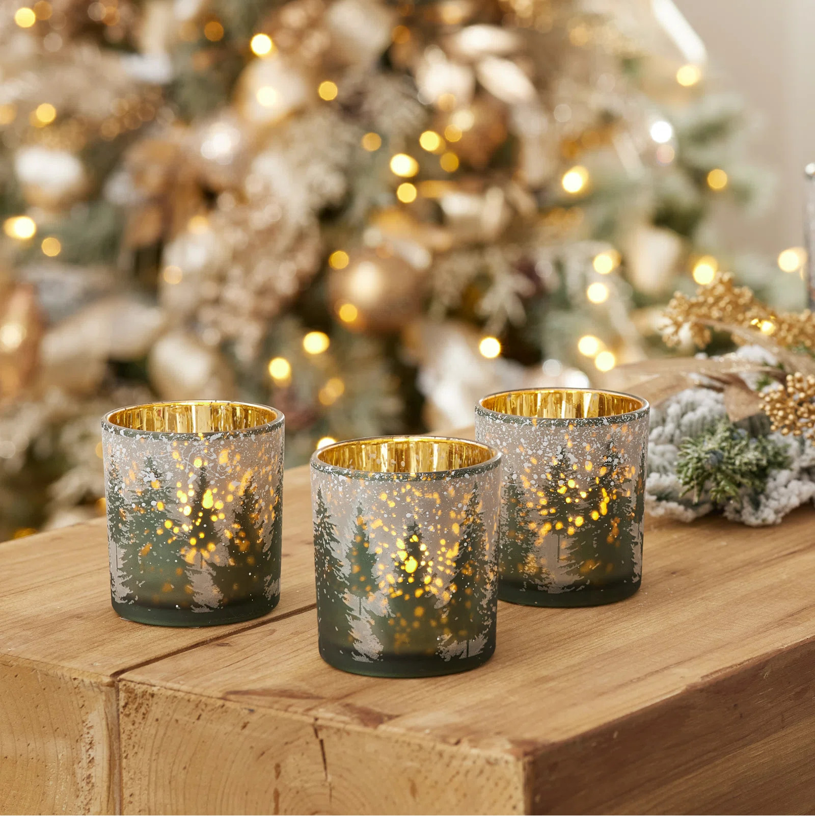 Frosted Pine Mercury Glass Candle Holder (Set of 3) (Set of 3) | Wayfair North America