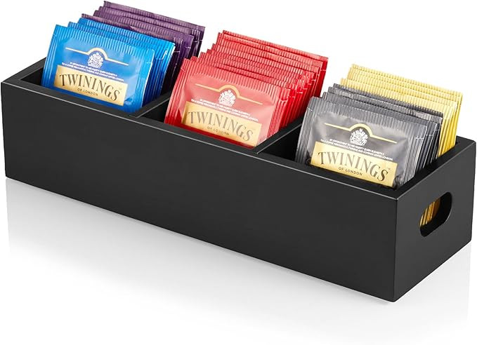 DRASTAR Tea Bag Organizer, Black Wooden Tea Bag Holder, Tea Storage Containers with 3 Slots, Suga... | Amazon (US)