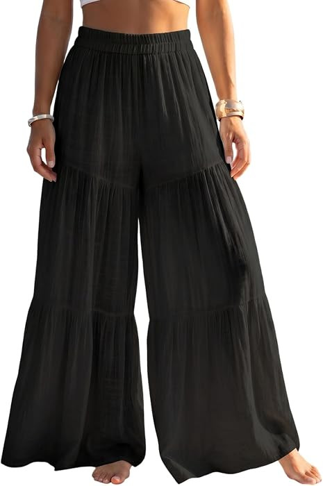 Linen Wide Leg Pants for Women Tiered Flowy Beach Palazzo Trousers | Amazon (US)