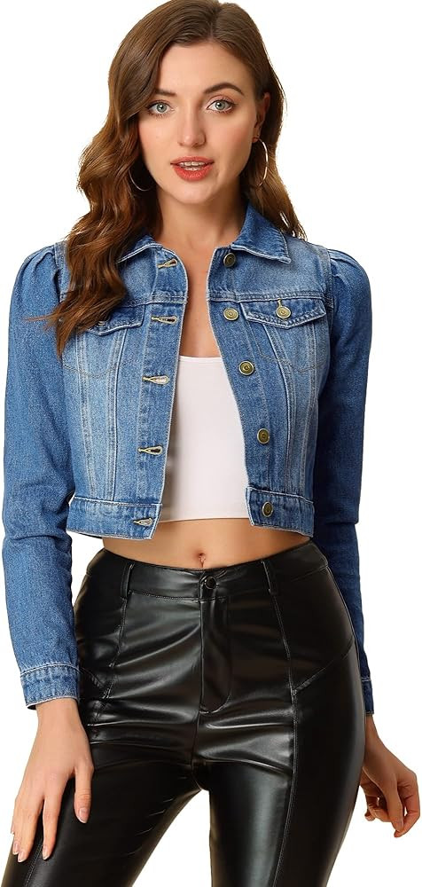 Allegra K Women's Cropped Jean Jacket Button Down Puff Sleeve Denim Jacket | Amazon (US)