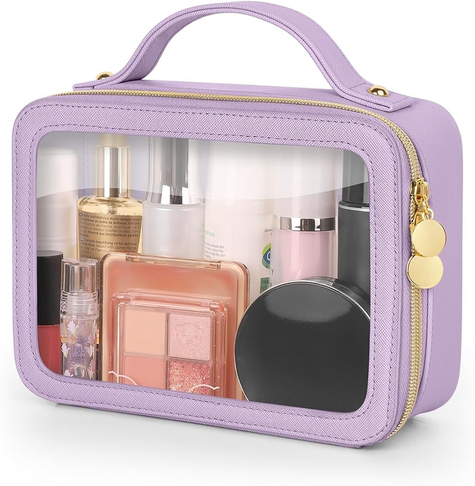 Clear Makeup Bag, Portable Travel Cosmetic Bags, Multipurpose Leather Toiletry Bag with Zipper, W... | Amazon (US)