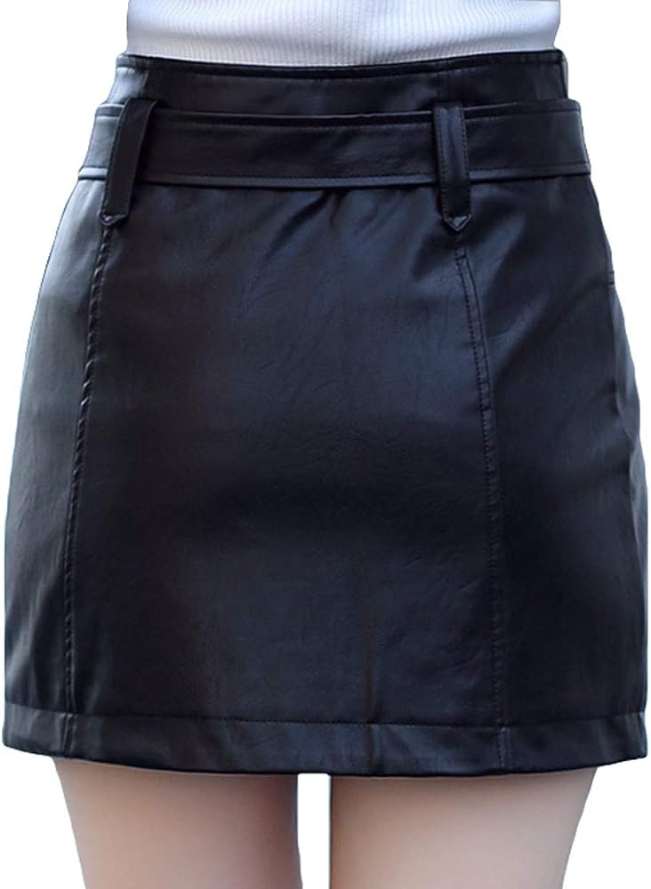 Itemnew ebossy Women's Cool Oblique Zip High-Waist Faux Leather Mini Skirt with Belt | Amazon (US)