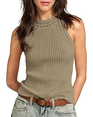 Women’s Tank Top Crochet Trim Crew Neck Sleeveless Halter Top Sexy Racerback Summer Cami Shirts | Amazon (US)
